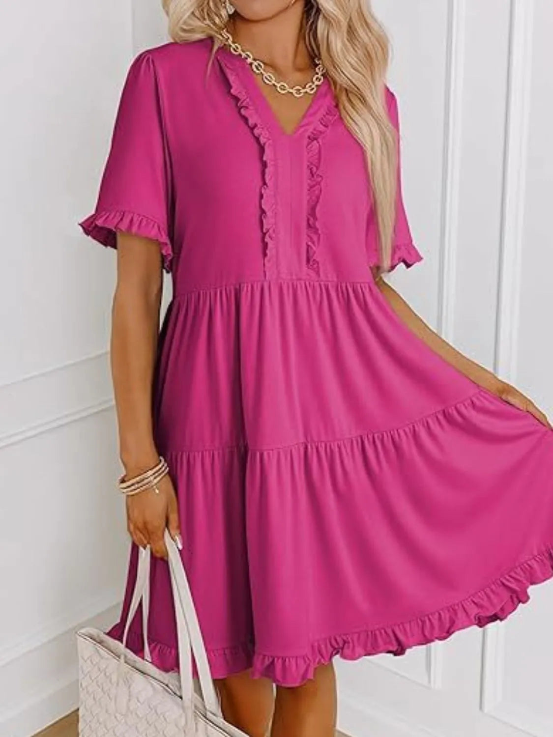 Tiered Notched Short Sleeve Mini Dress by Gen Beauty