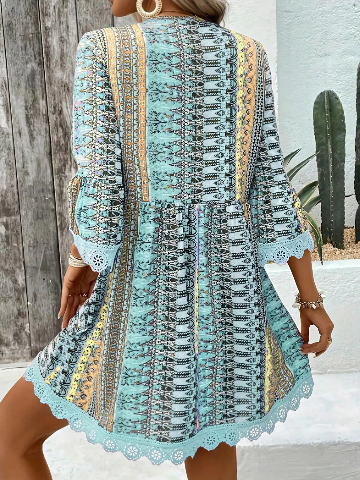 Printed V-Neck A-Line Dress with Lace Detail