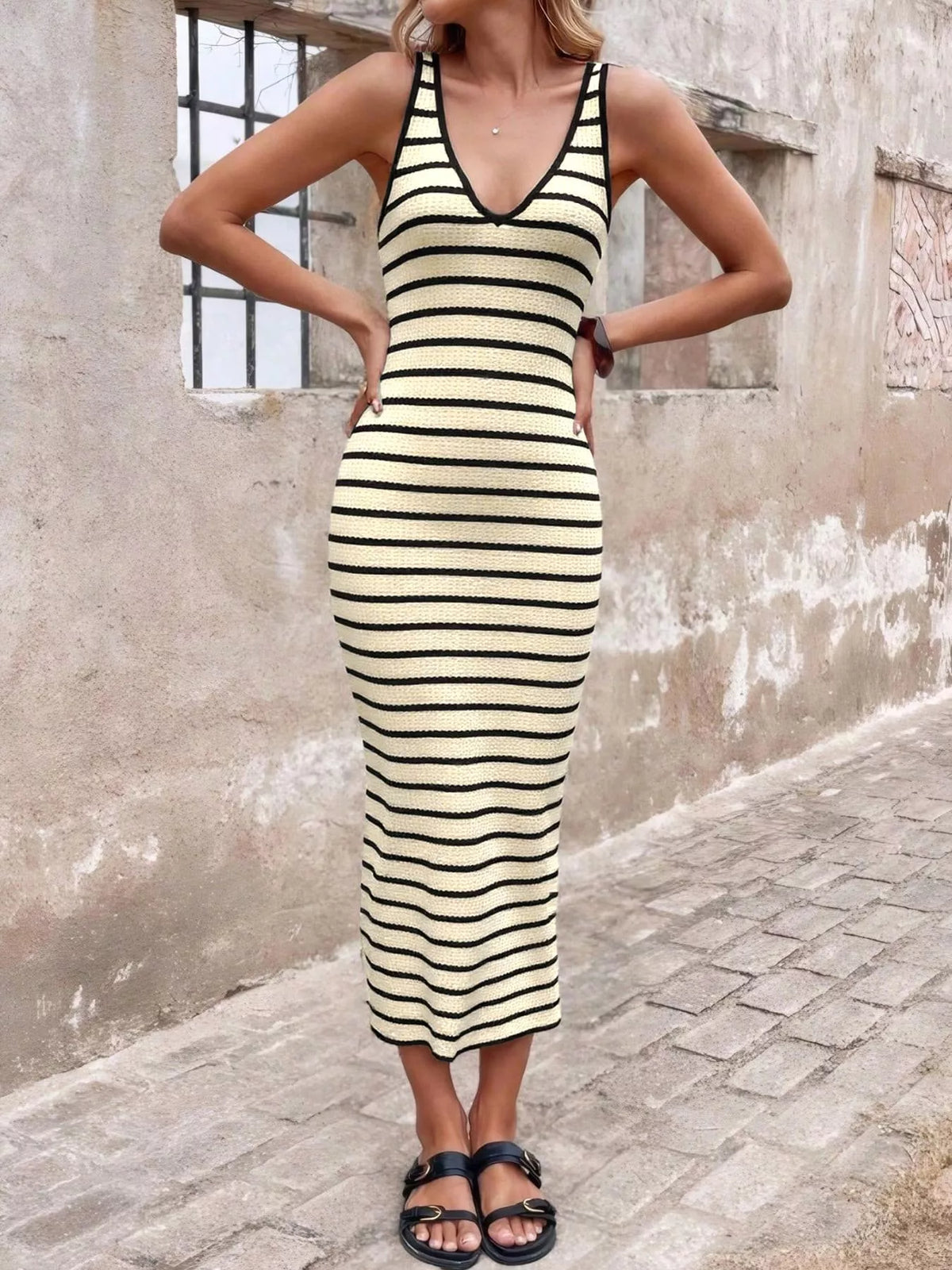 Striped Ribbed Bodycon Midi Dress