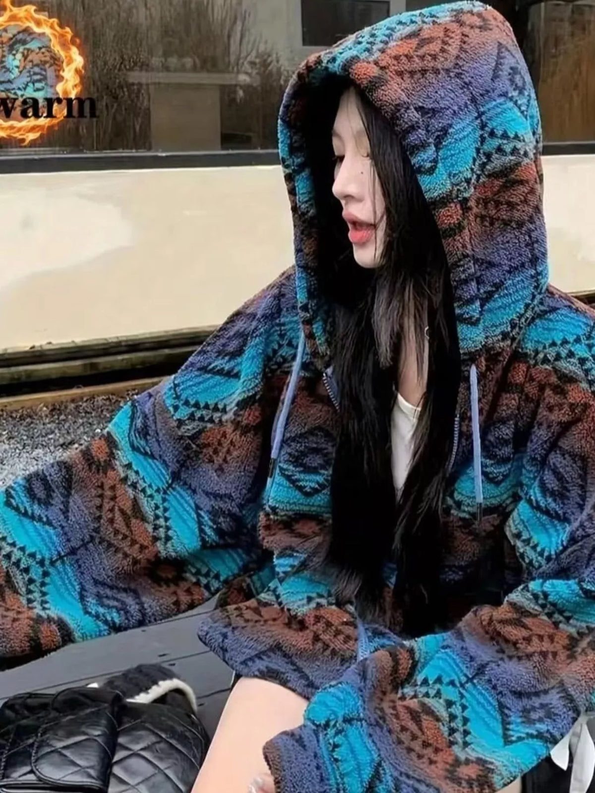 Geometric Print Fleece Zip-Up Jacket in Blue in Blue-Single Piece Jacket