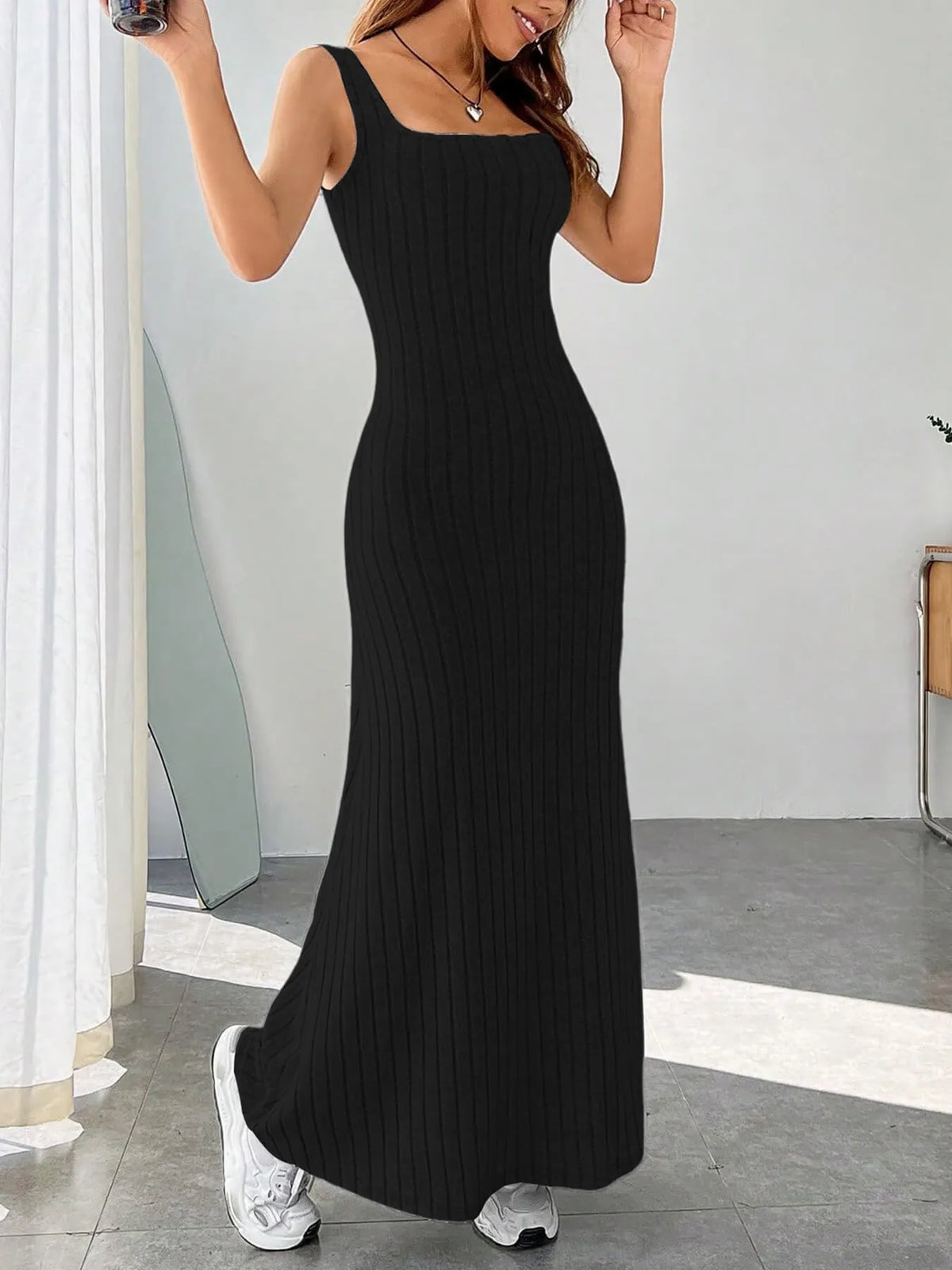 Ribbed Knit Square Neck Maxi Dress