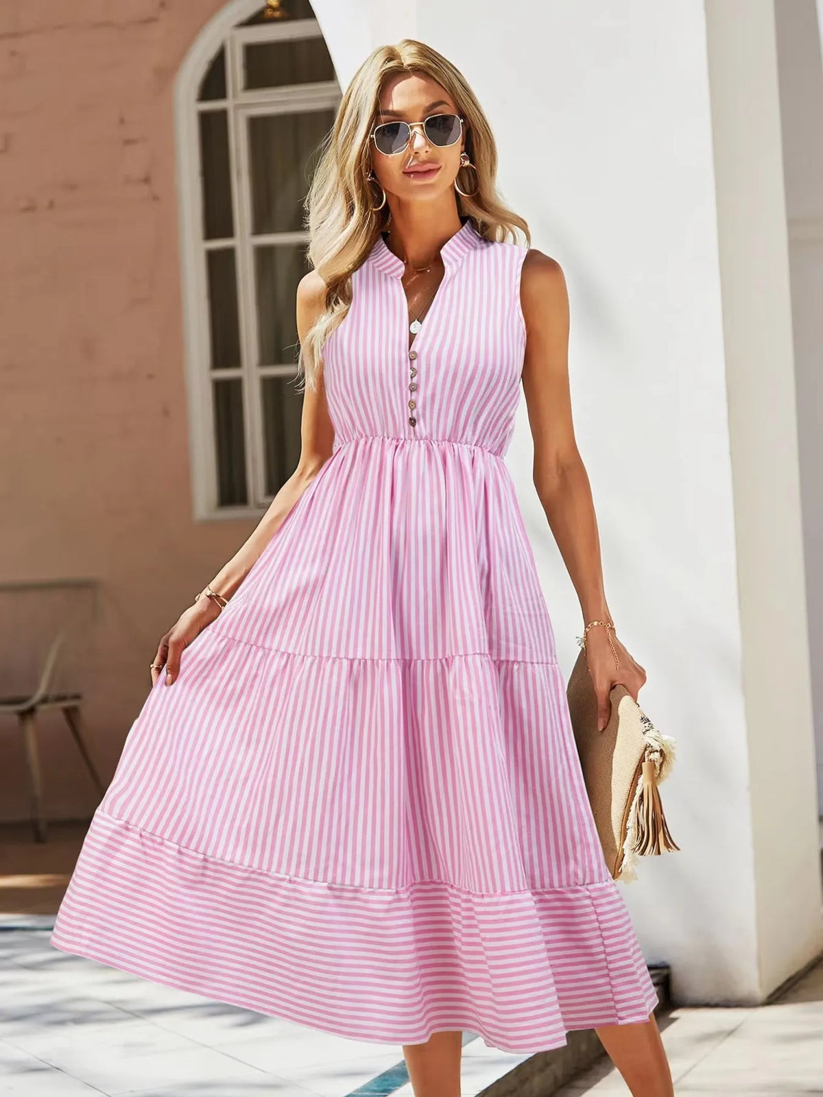 Striped Sleeveless Tiered Midi Dress by Elaine