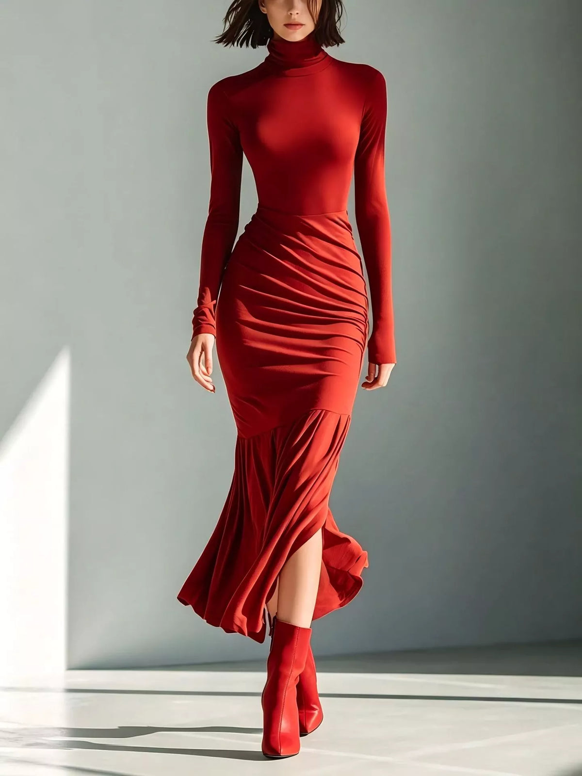 Slit Turtleneck Ruched Bodycon Mermaid Dress, Full Size