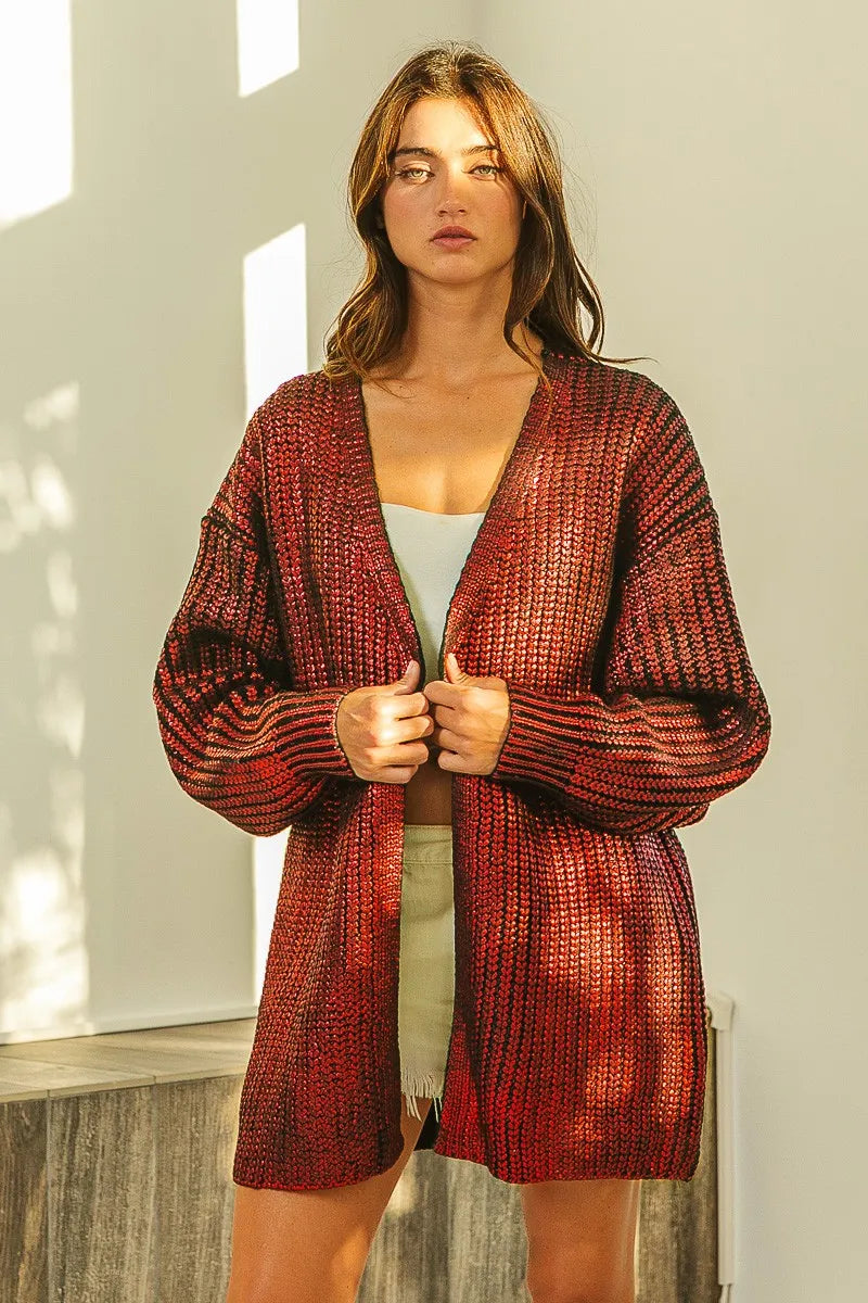 Metallic Open Front V-Neck Cardigan in Burnt Orange by BiBi