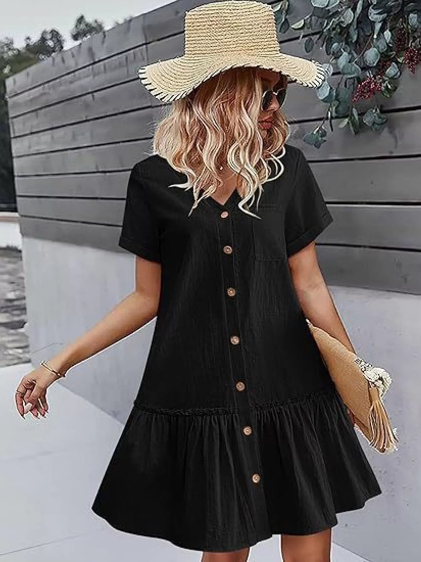 Button-Down Ruffle Hem Mini Dress
