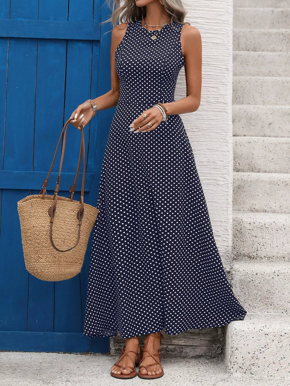 Sleeveless Polka Dot Tie Maxi Dress