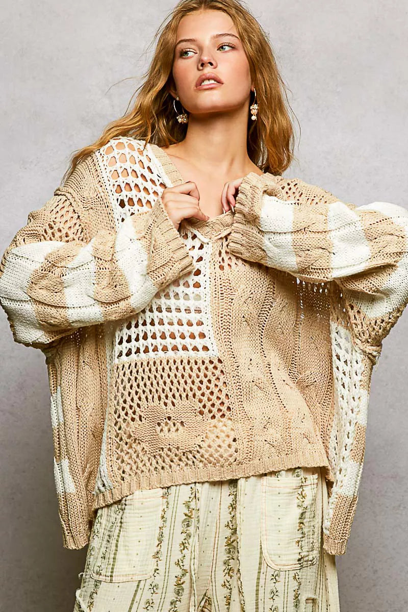 Color-Block Stripe Twisted Weave Top in Beige by POL