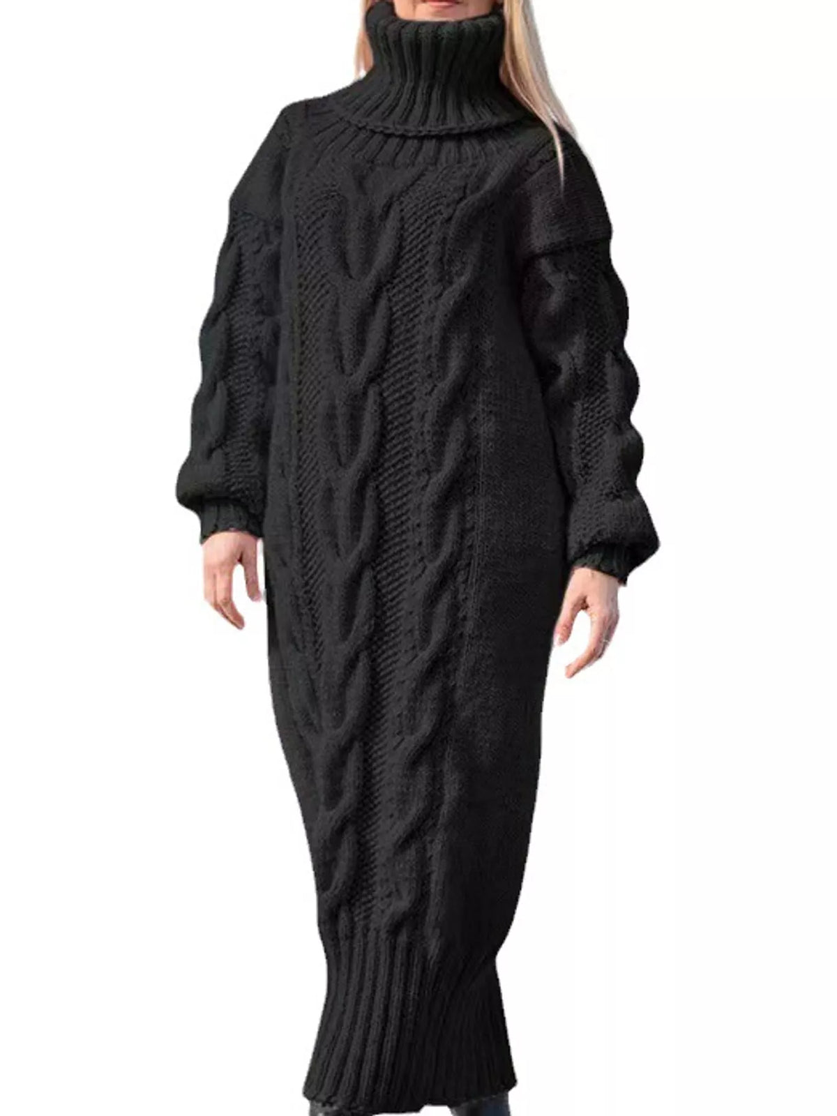 Oversized Chunky Cable Knit Turtleneck Sweater Dress
