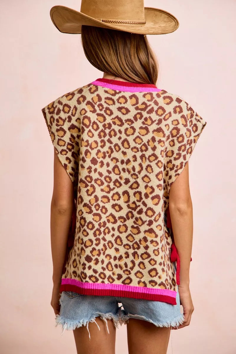 Leopard Side-Tie Sweater Vest by BiBi