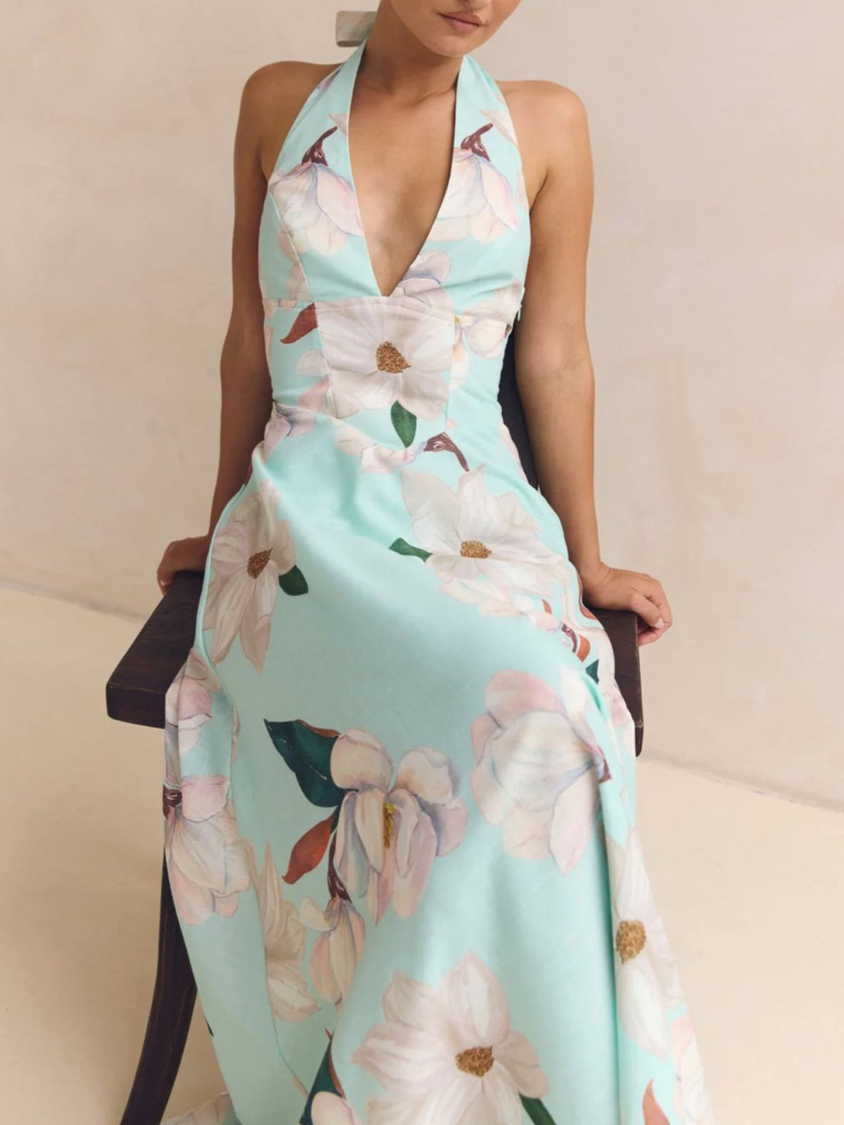 Floral Print Lace-Up Halter Maxi Dress