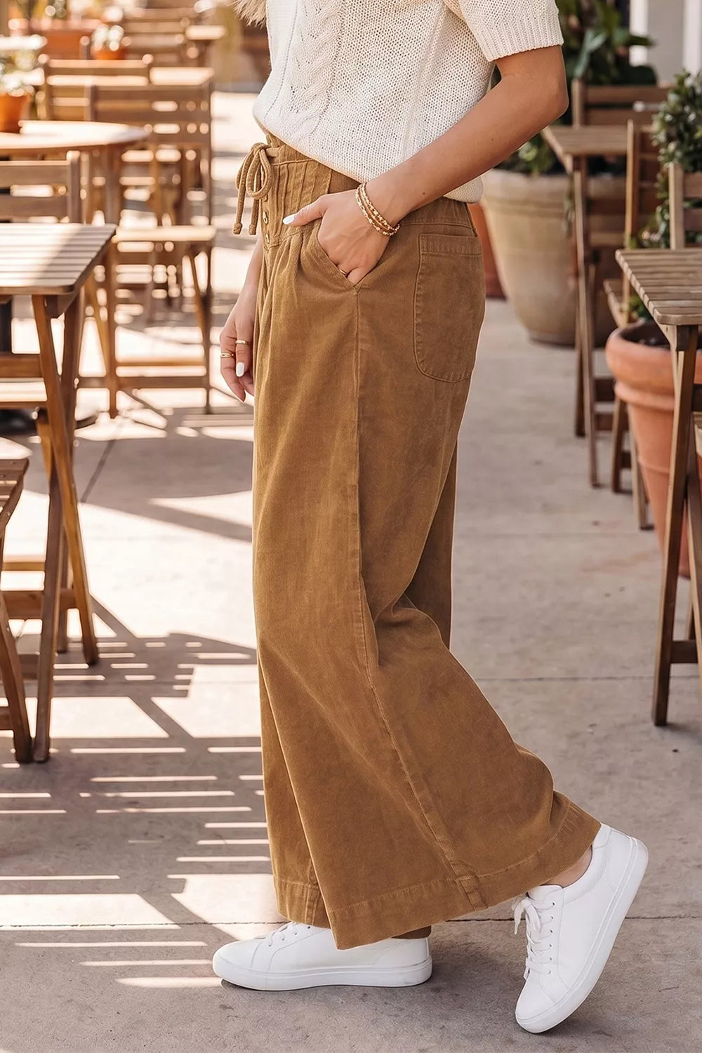 Button-Placket Wide Leg Ankle Pants in Camel