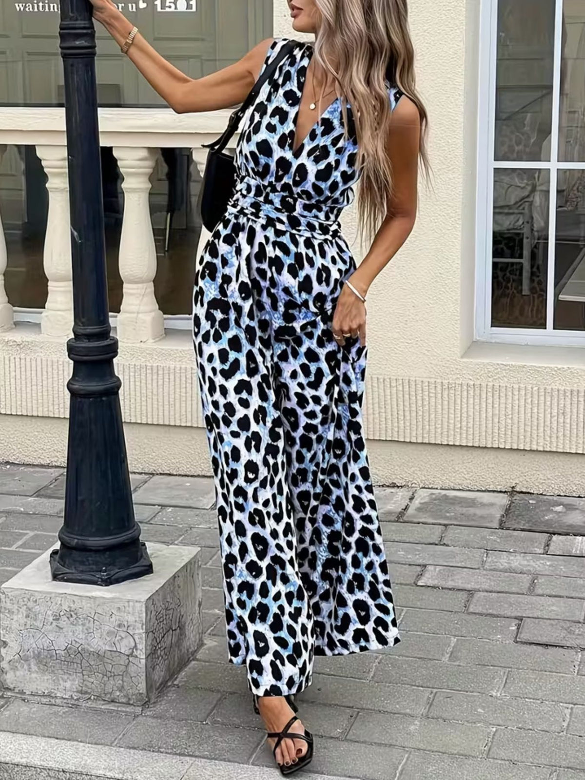 Sleeveless V-Neck Leopard Print Wide Leg Jumpsuit