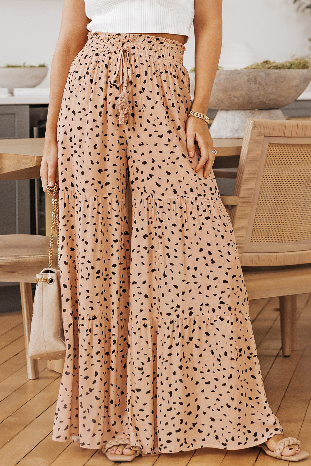 Printed Tiered Wide-Leg Pants in Watermelon Pink