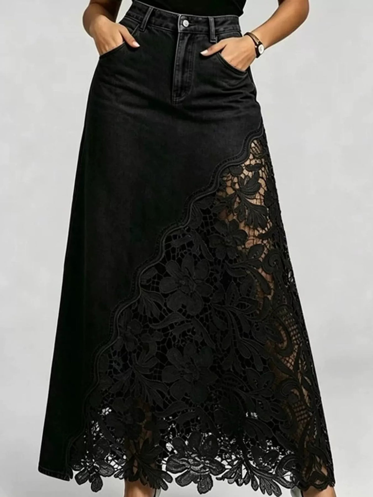 High-Waisted Lace-Detail Denim Skirt