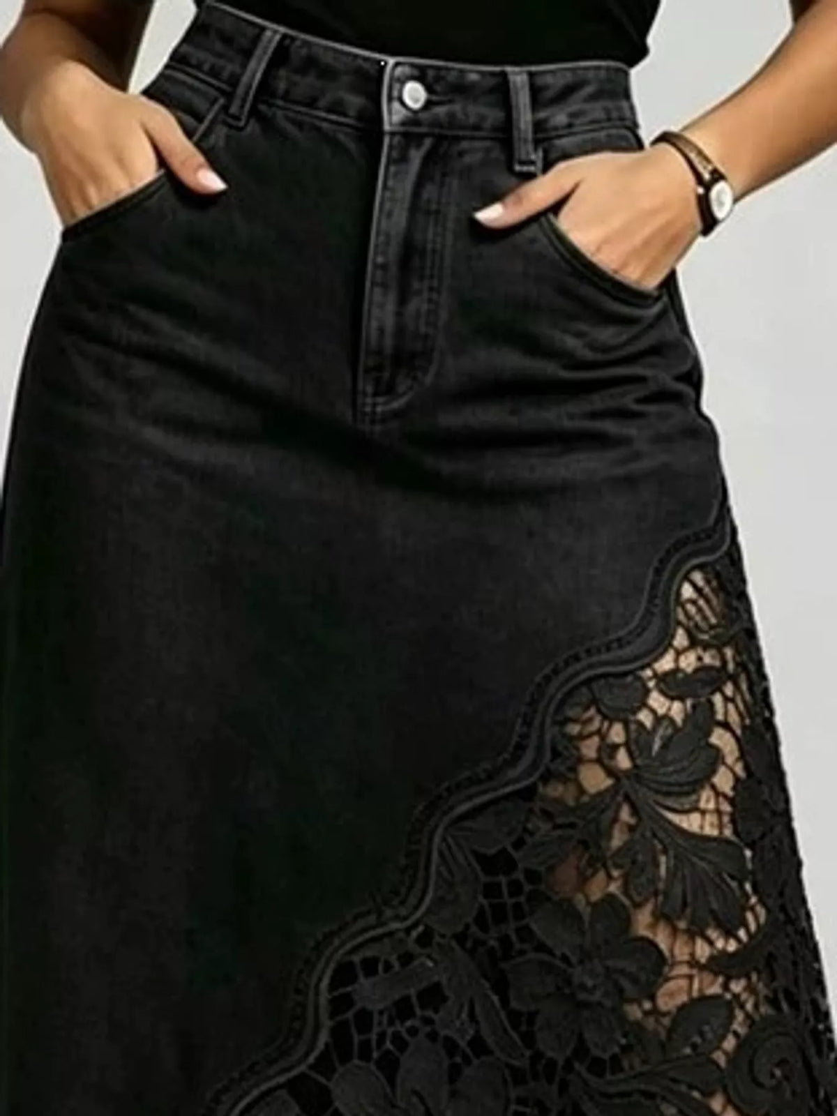 High-Waisted Lace-Detail Denim Skirt