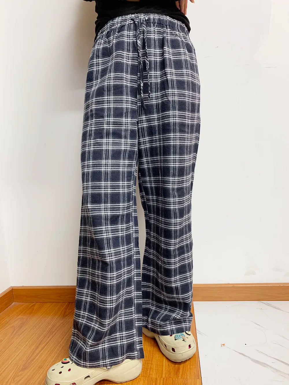 Plaid Wide-Leg Pants in Dusty Blue