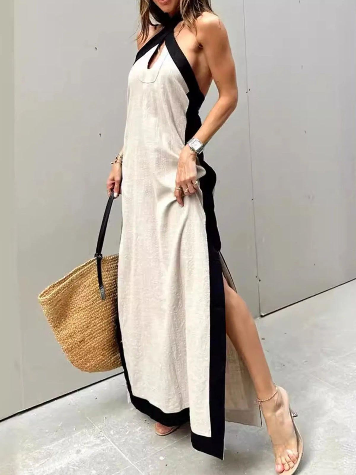 Contrast Halter Sleeveless Maxi Dress