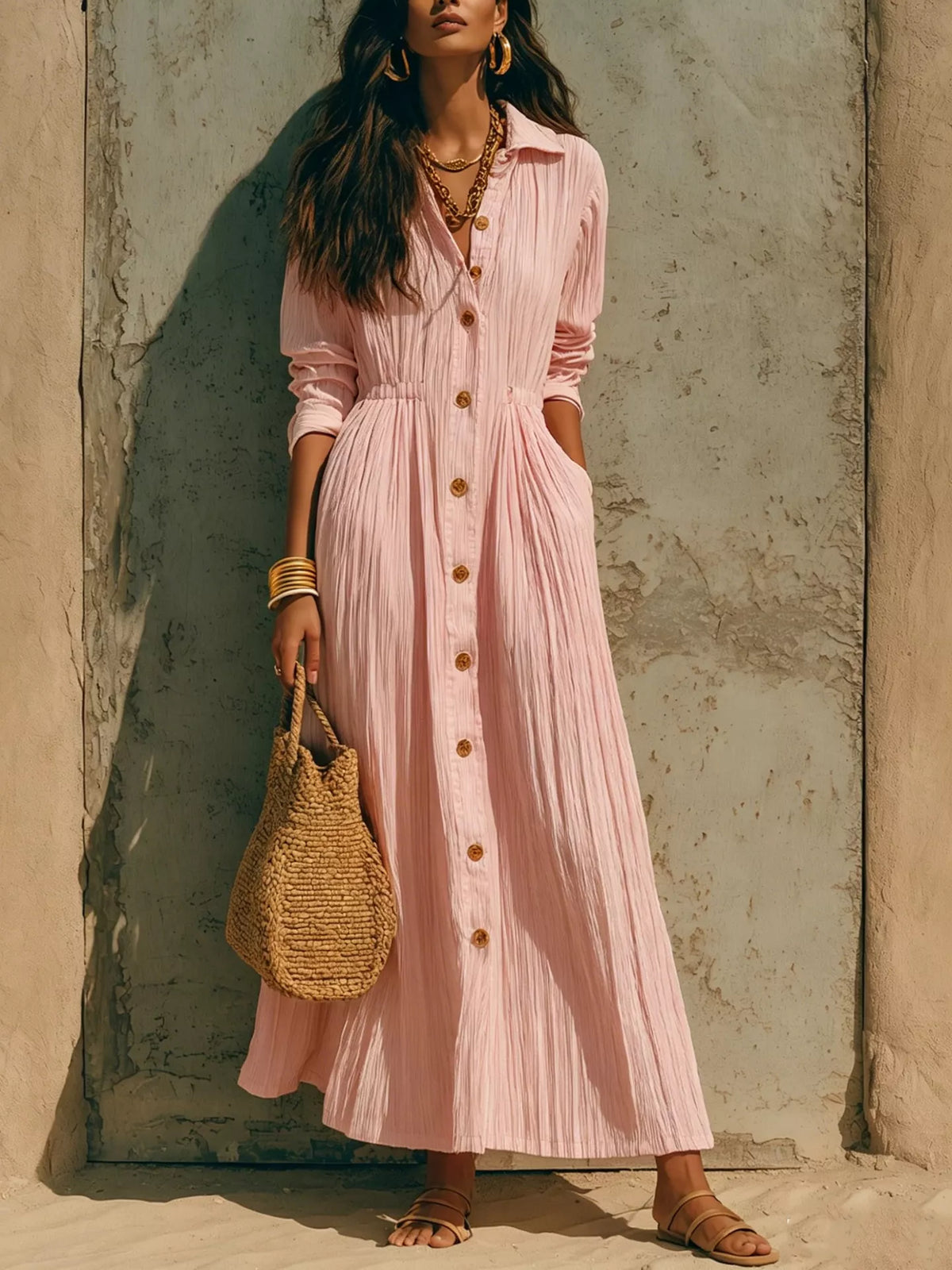 Textured Button-Down Long Sleeve Maxi Dress