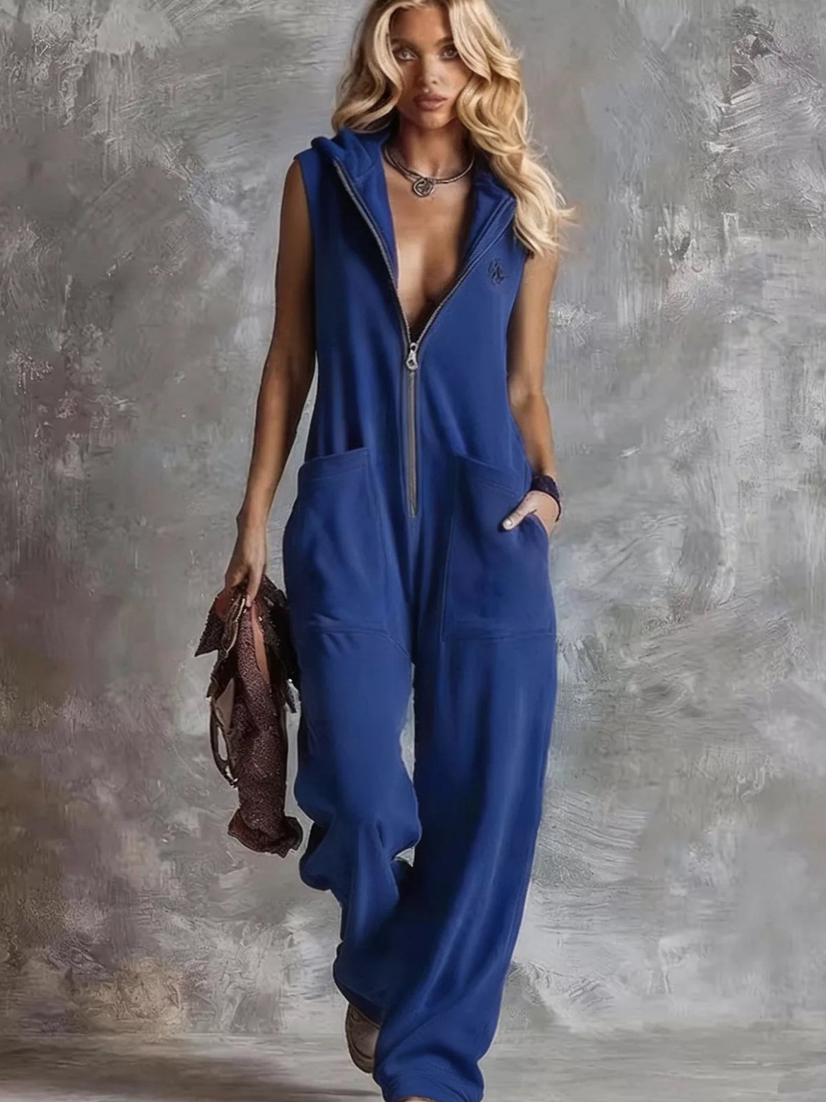 Sleeveless Hooded Zip-Front Jumpsuit