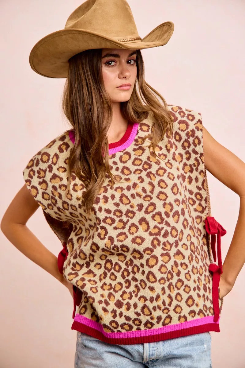 Leopard Side-Tie Sweater Vest by BiBi