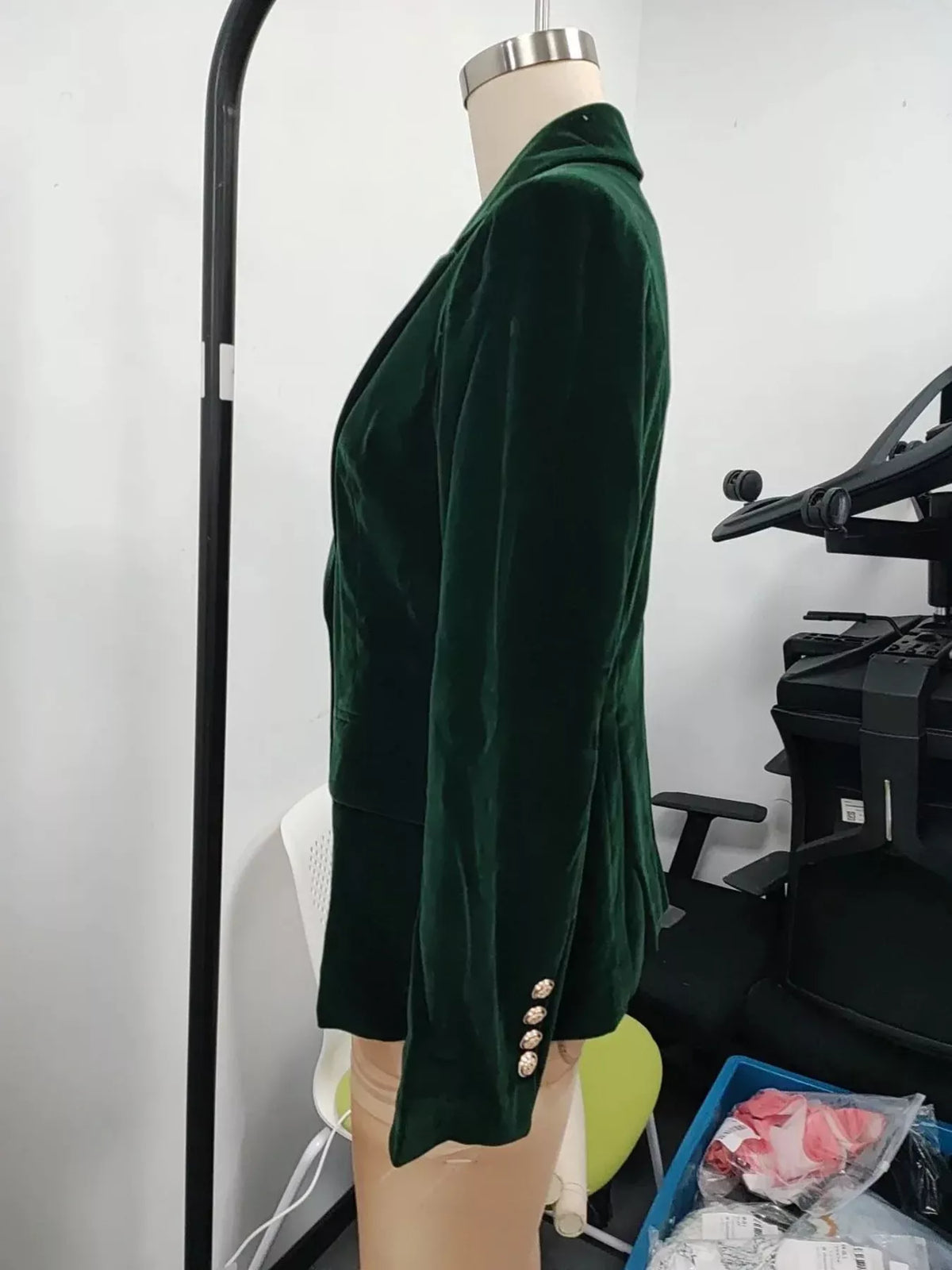 Velvet Single-Button Blazer in Dark Green