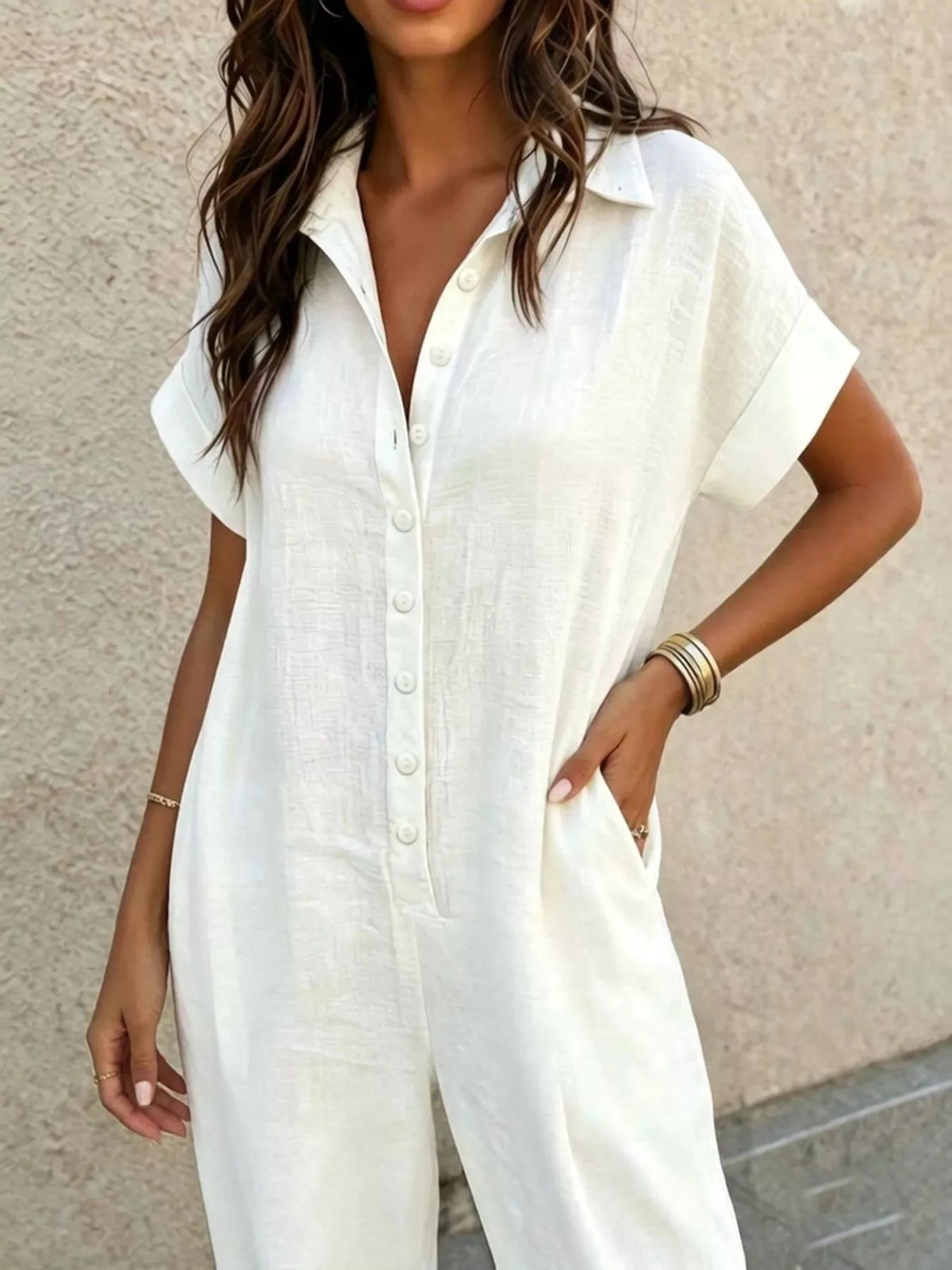 Classic Button-Front Short Sleeve Jumpsuit