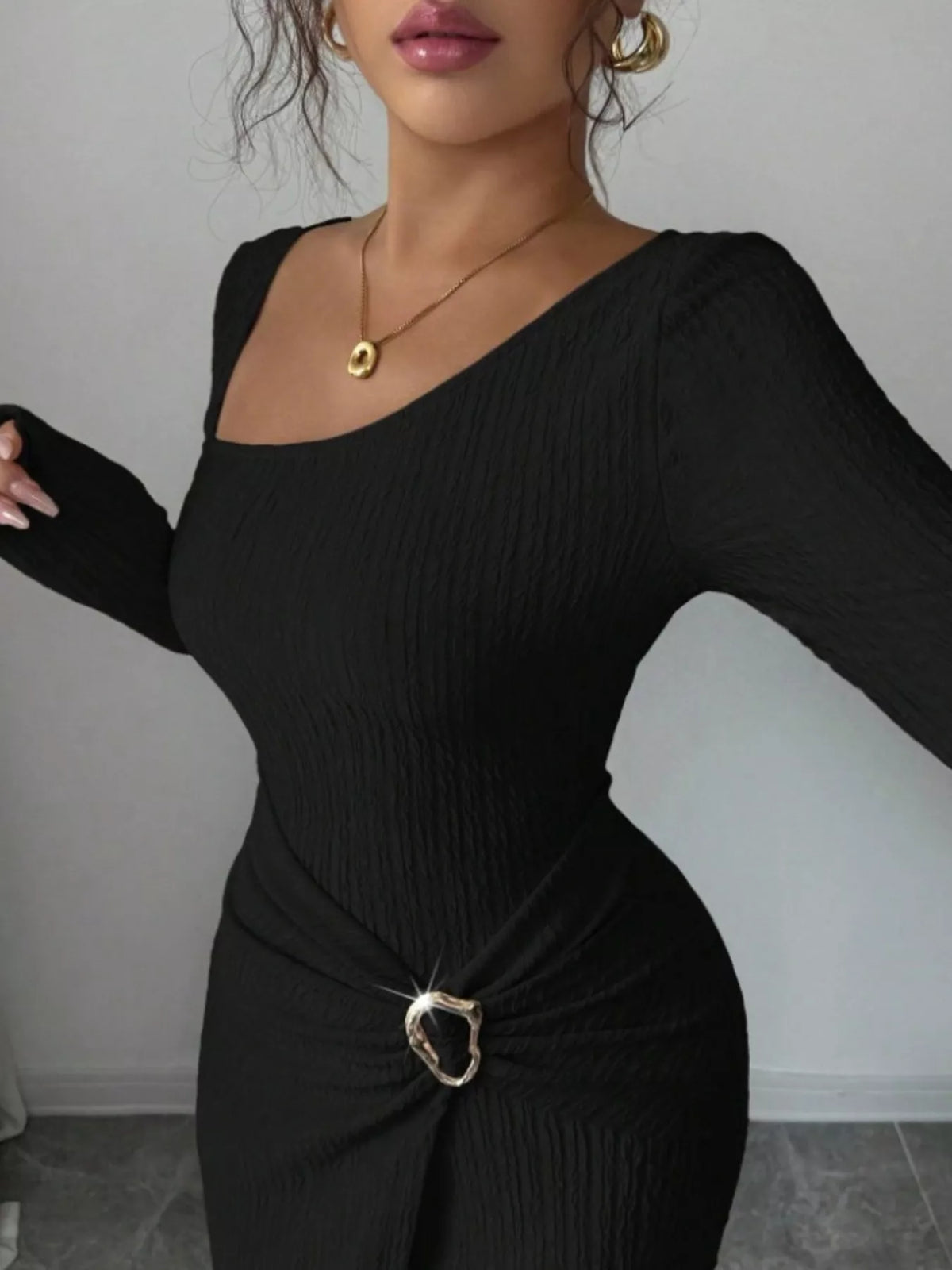 Ribbed Asymmetrical Neck Slit Maxi Dress