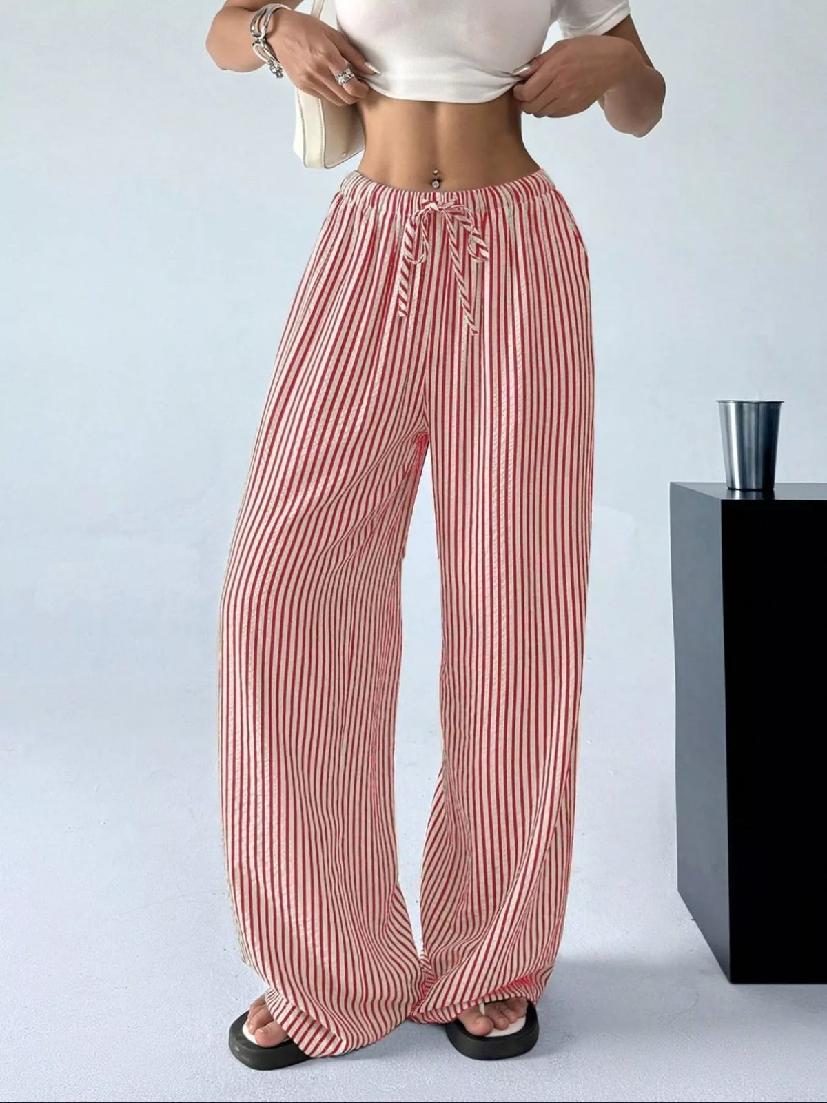 Plus-Size Striped Drawstring Wide-Leg Pants