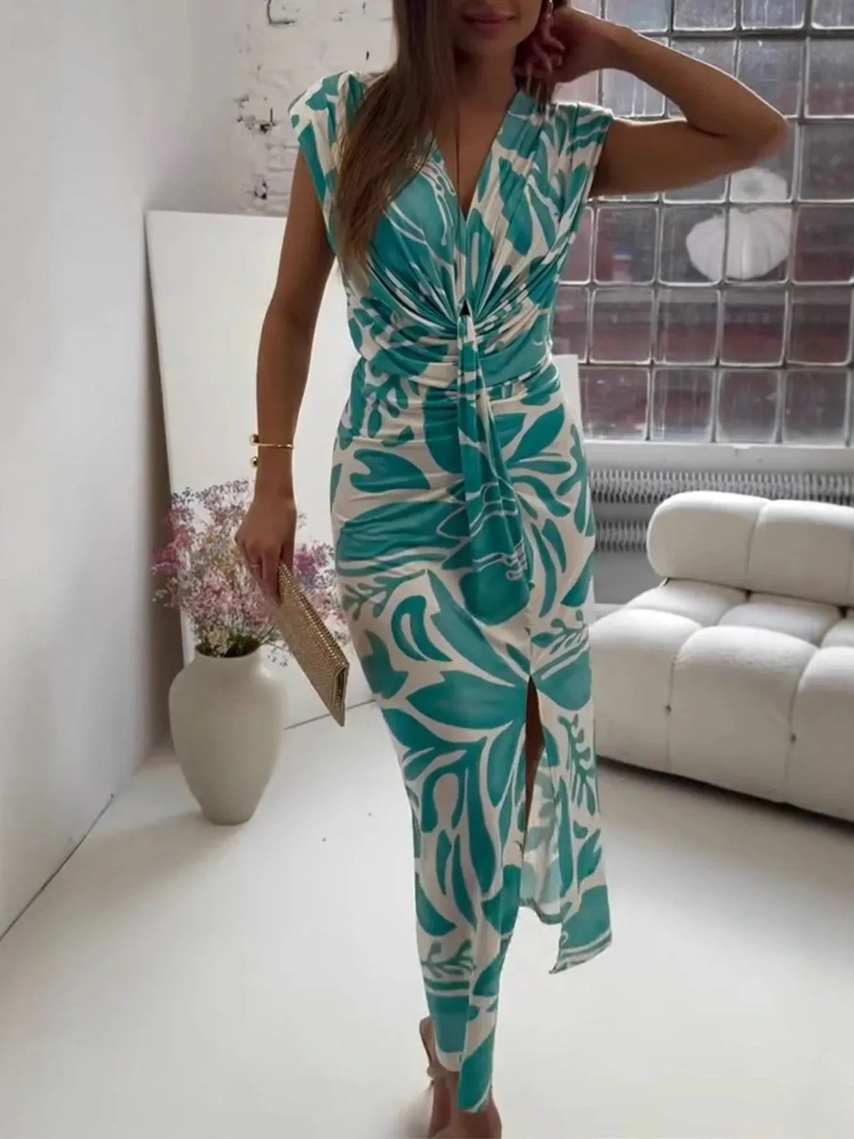 Slit Printed V-Neck Midi Dress