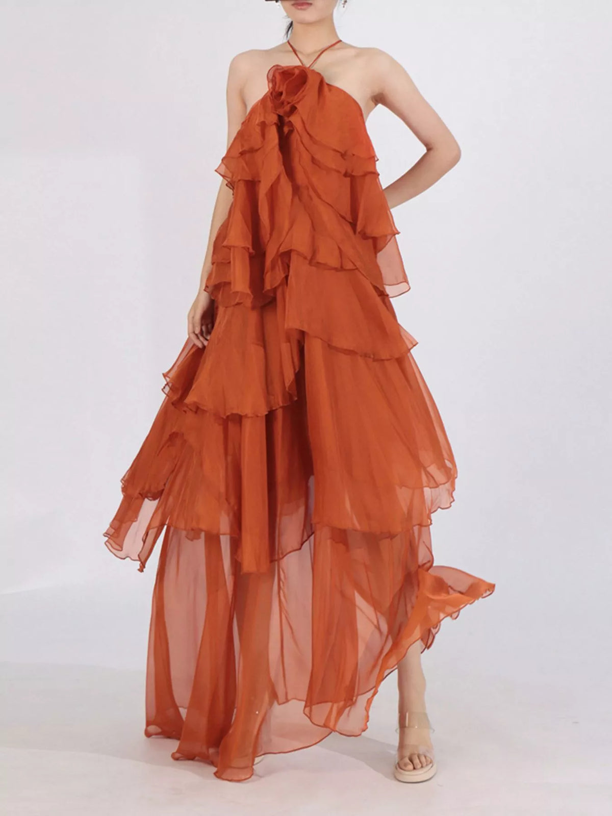 Ruffled Chiffon Halter Maxi Dress