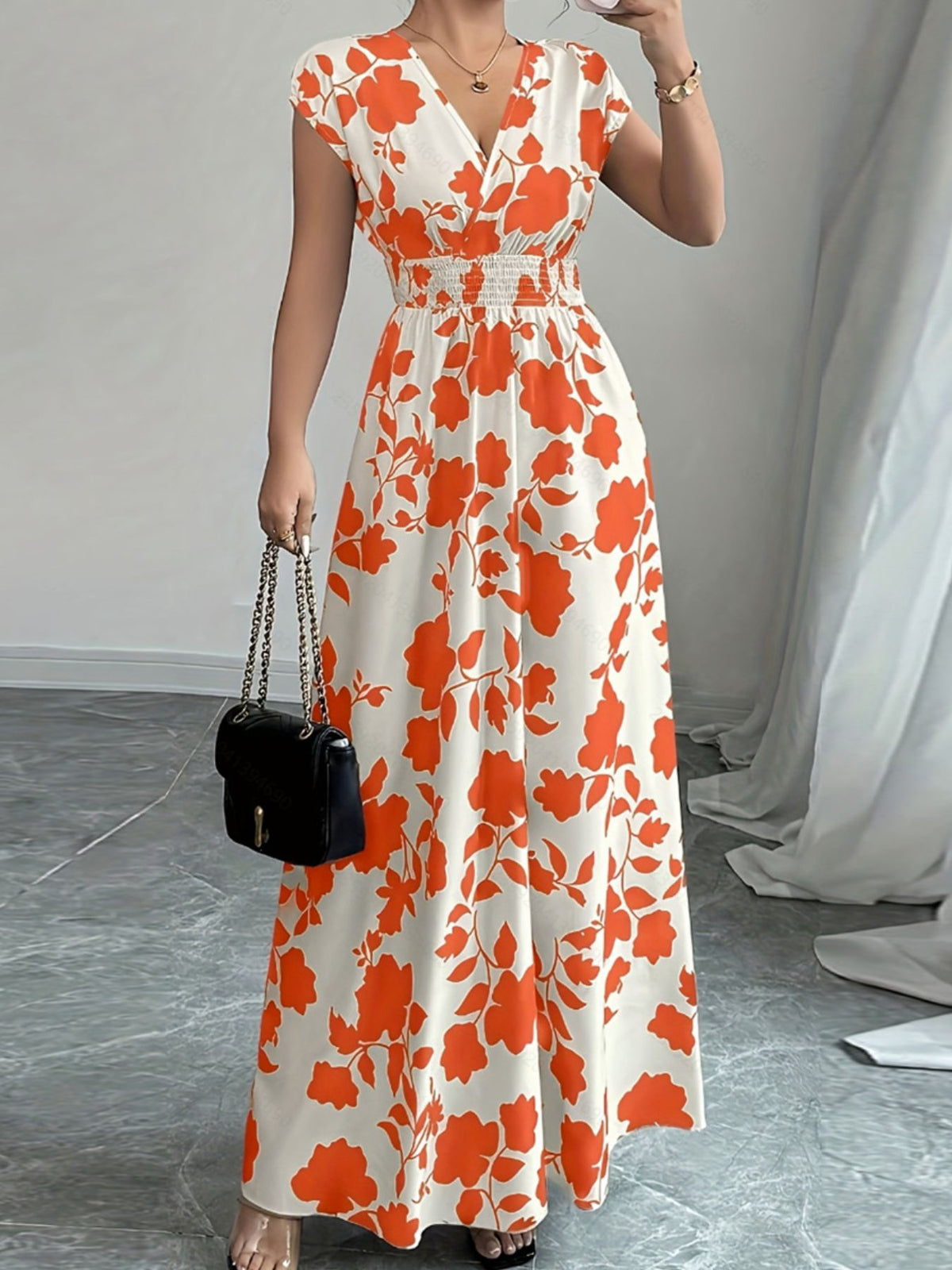 Printed Surplice Cap-Sleeve Maxi Dress