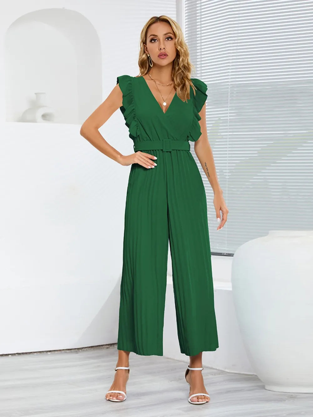 Ruffled Surplice Cap-Sleeve Jumpsuit