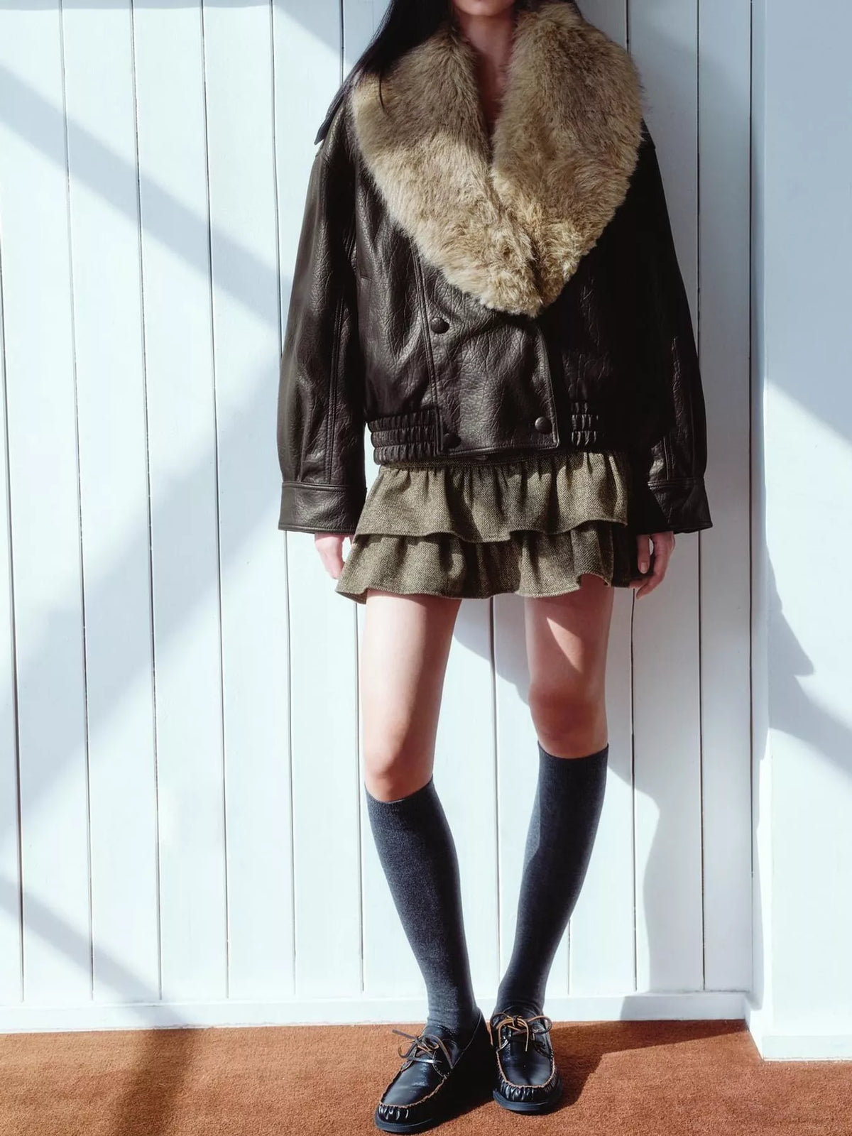 Faux Fur Collar Leather Bomber Jacket in Coffee