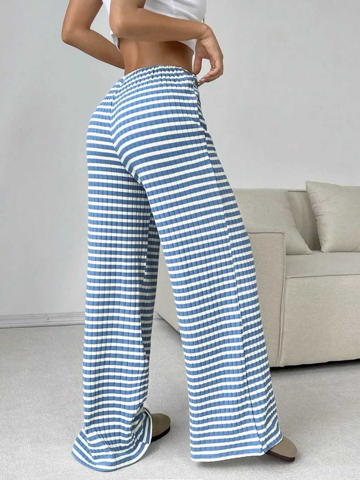 Ribbed Knit Drawstring Wide-Leg Pants
