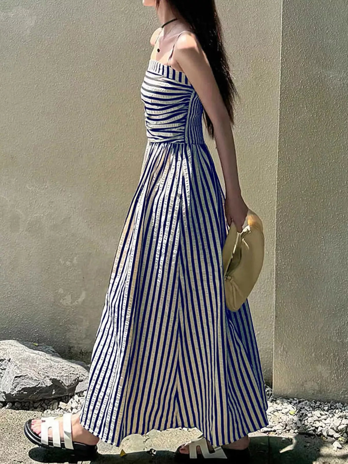 Striped Spaghetti-Strap A-Line Maxi Dress