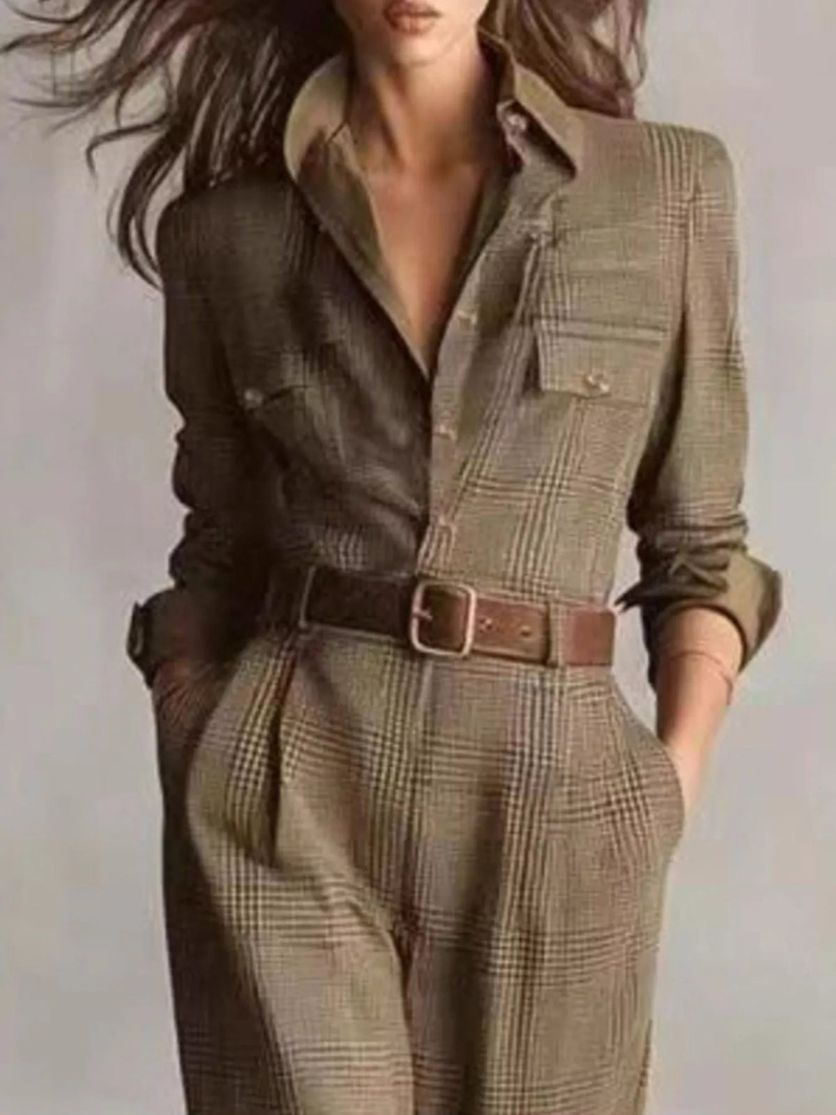 Plaid Long Sleeve Button-Front Jumpsuit in Mocha by Yvette