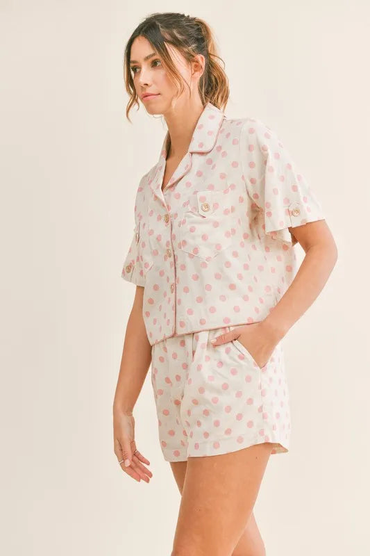Polka Dot Collar Crop Top & Shorts Set in Pink
