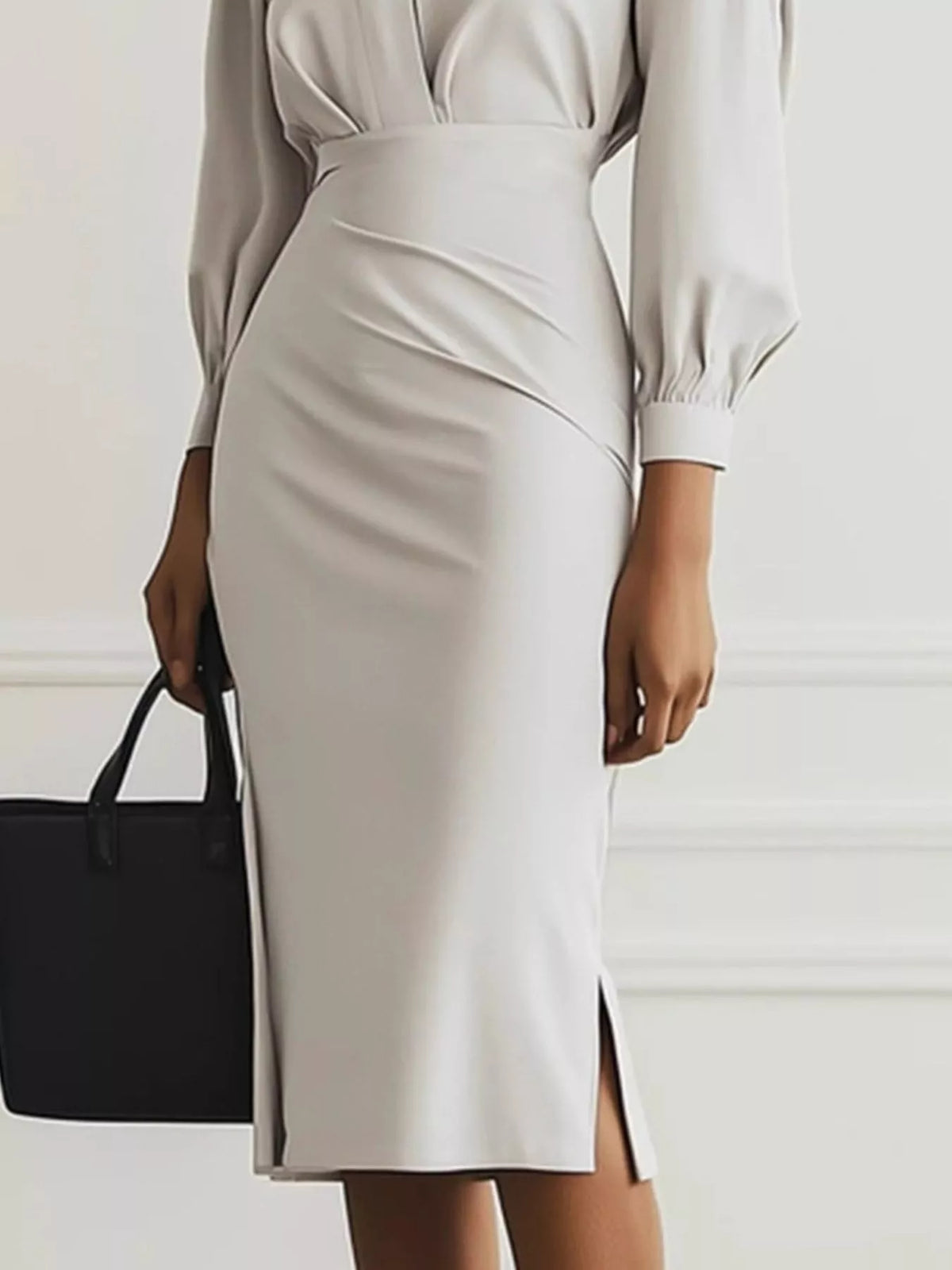 Ruched Midi Shirt Dress with Side Slit