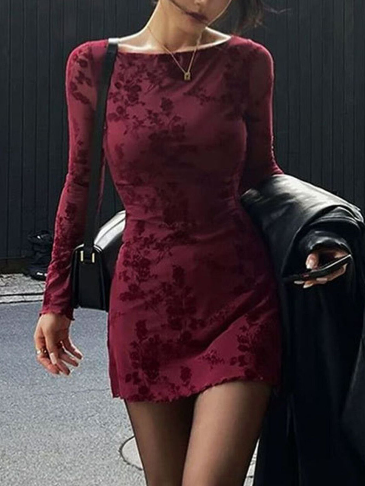 Mesh Bodycon Mini Dress in Burgundy
