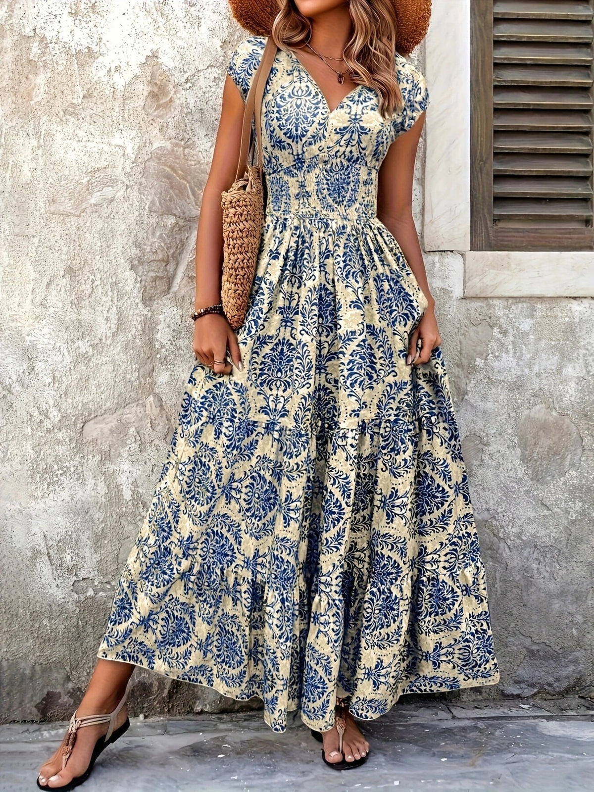 Printed Cap Sleeve Tiered Maxi Dress
