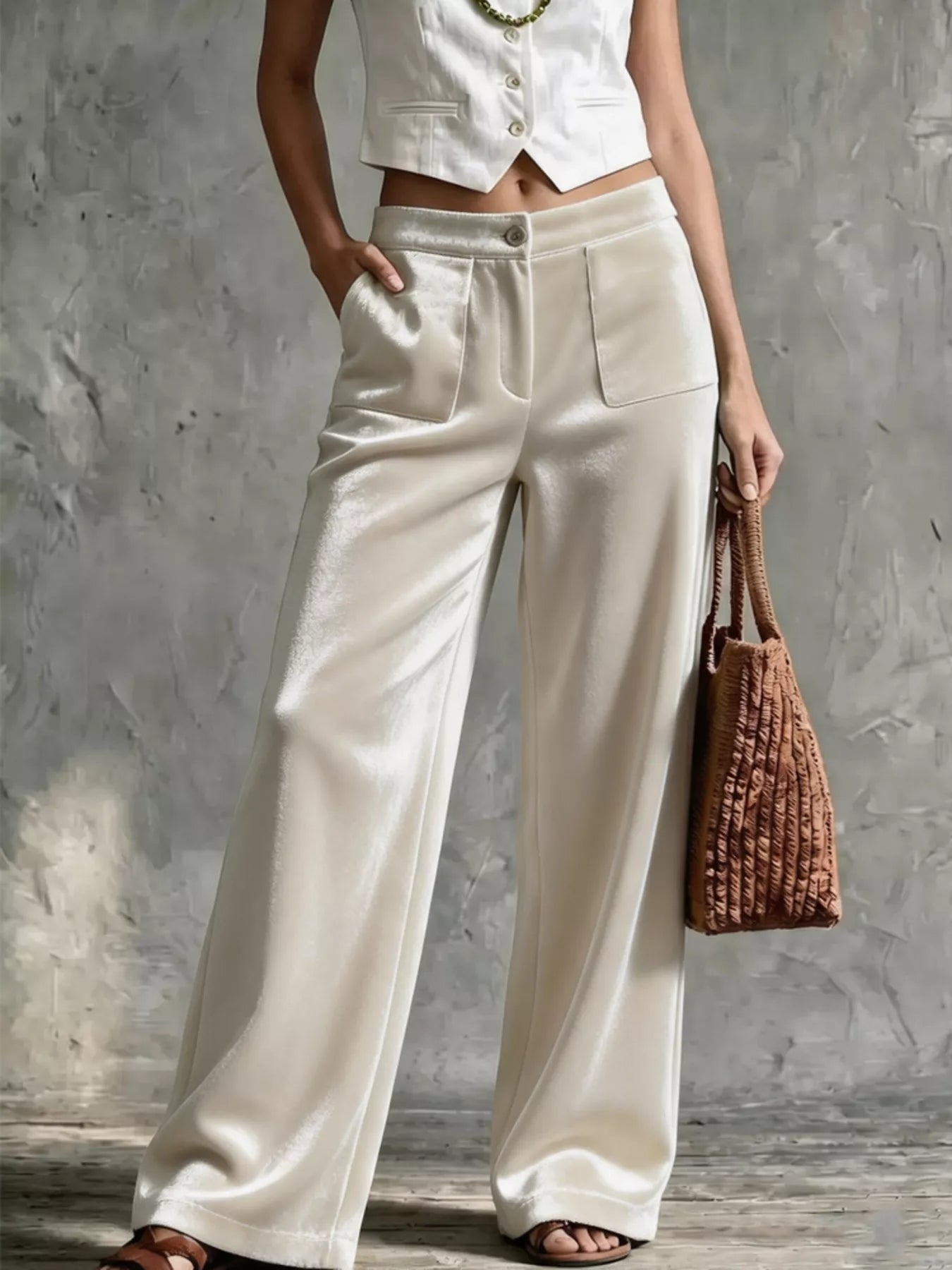 Velvet Wide-Leg Pants with Pockets