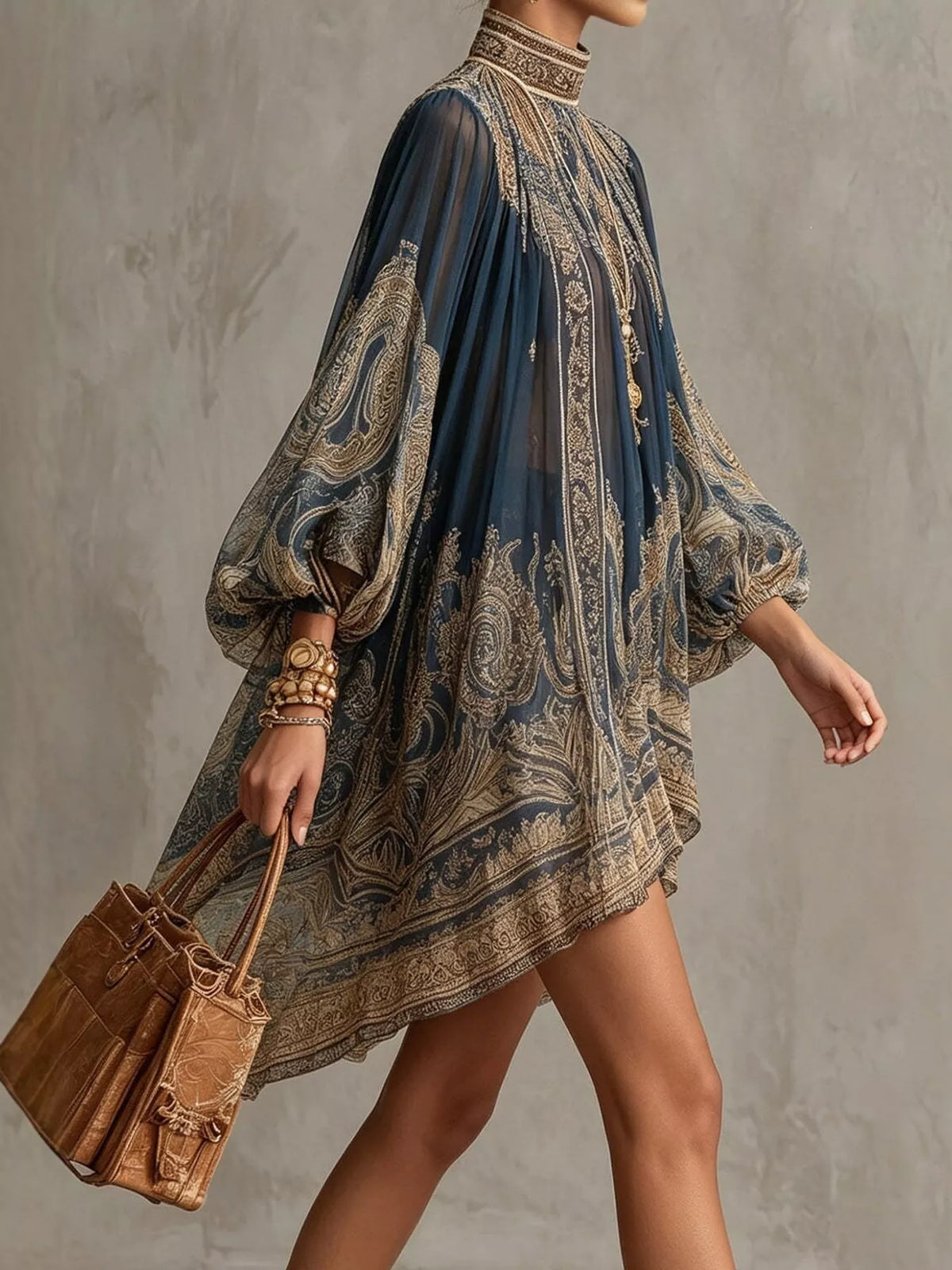 Paisley Print Chiffon High-Low Mini Dress in Navy