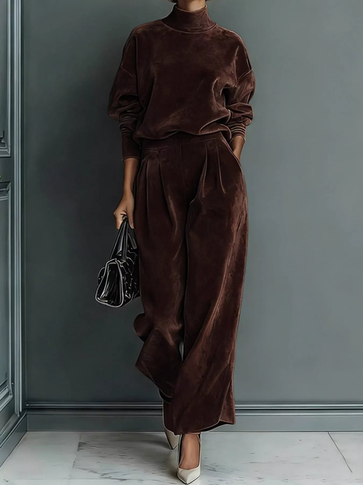 Velvet Mock Neck Top and Wide-Leg Pants Set