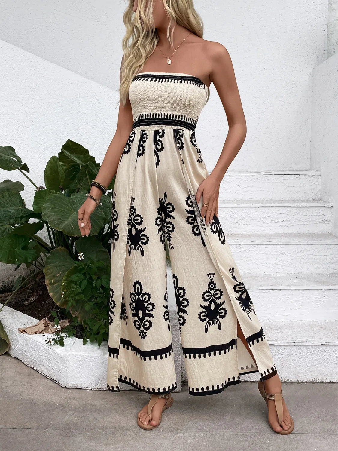 Smocked Wide Leg Jumpsuit in Beige