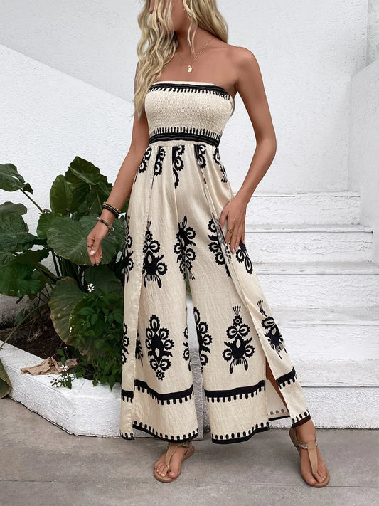 Smocked Wide Leg Jumpsuit in Beige