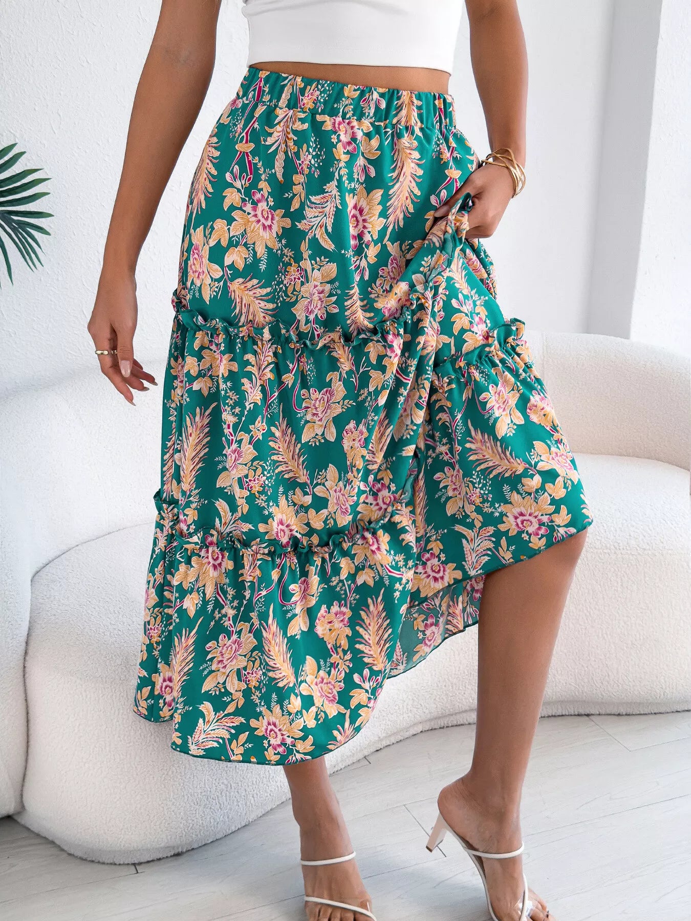 Floral Ruffle Hem Flowy Midi Skirt