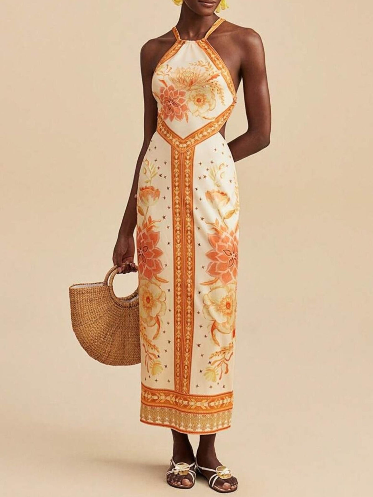 Floral Print Halter Neck Maxi Dress in Yellow