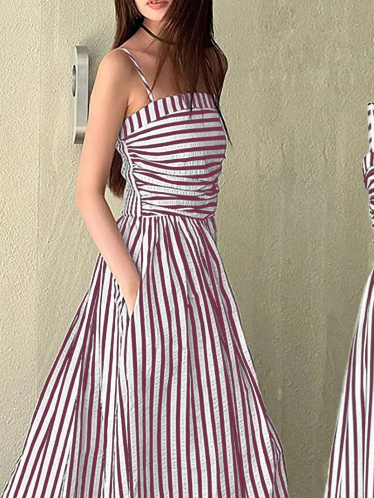 Striped Spaghetti-Strap A-Line Maxi Dress