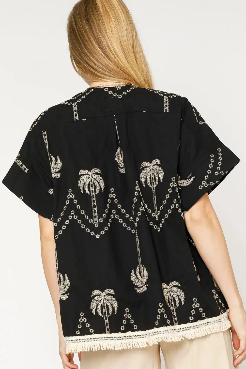 Umgee Open Front Embroidered Fringe Kimono in Black