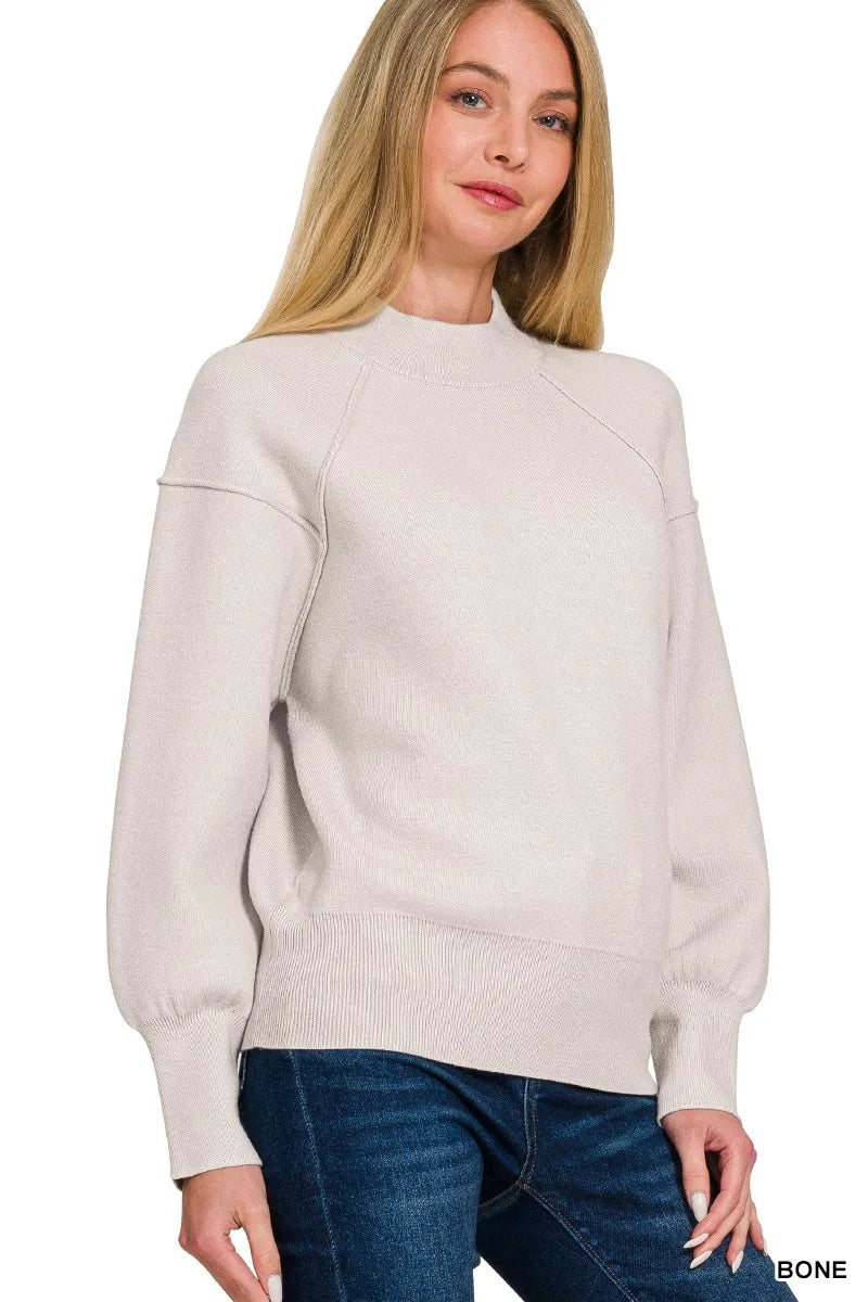 Zenana Viscose Mock Neck Sweater in Bone